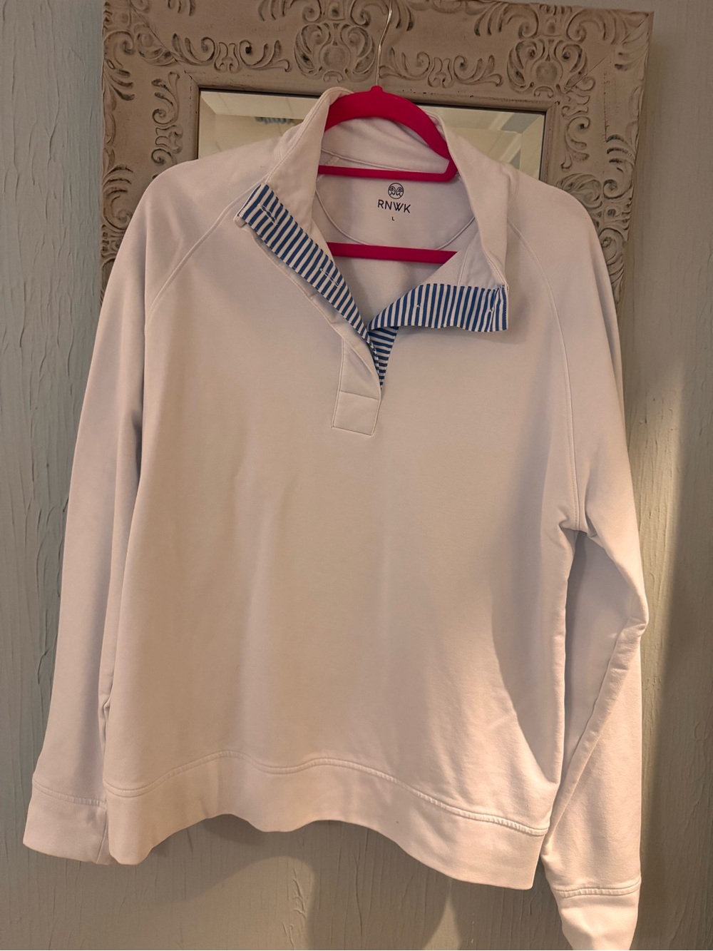 Women's Cream Pullover Sweater with Blue-Striped Collar Detail